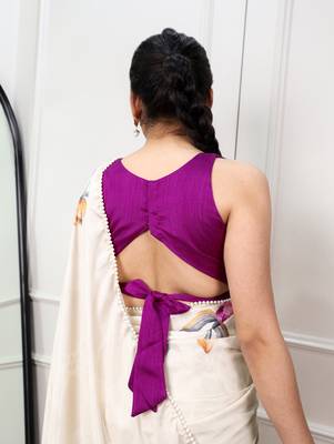 off white festive & party wear digital printed satin saree with pearl border 3