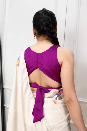 off white festive & party wear digital printed satin saree with pearl border