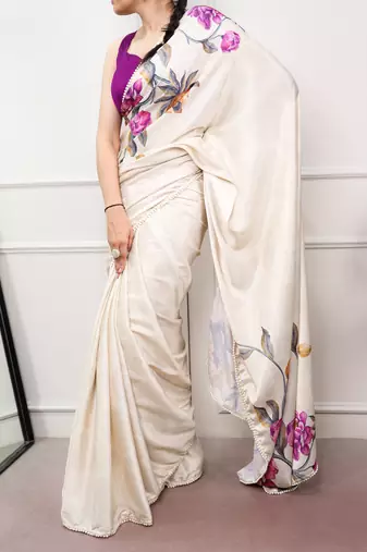 off white festive & party wear digital printed satin saree with pearl border