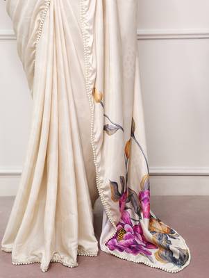 off white festive & party wear digital printed satin saree with pearl border 5