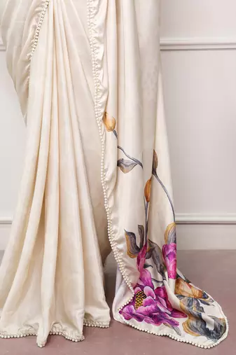 off white festive & party wear digital printed satin saree with pearl border
