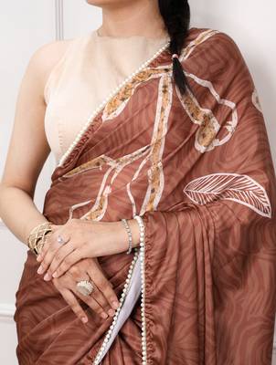 brown festive & party wear digital printed satin saree with pearl border 2