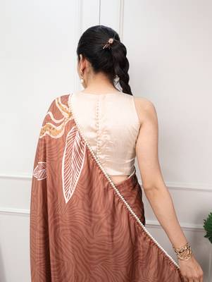 brown festive & party wear digital printed satin saree with pearl border 3