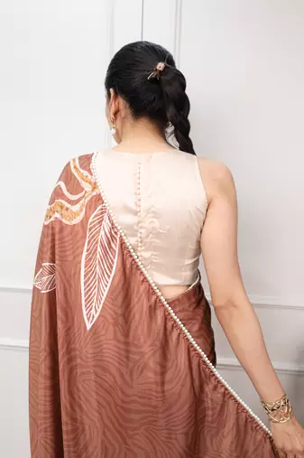 brown festive & party wear digital printed satin saree with pearl border