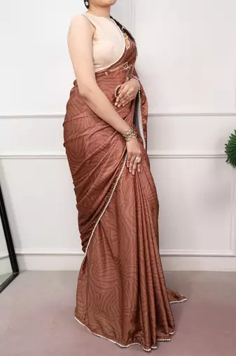 brown festive & party wear digital printed satin saree with pearl border