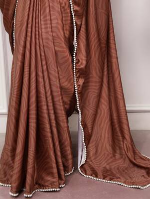 brown festive & party wear digital printed satin saree with pearl border 5