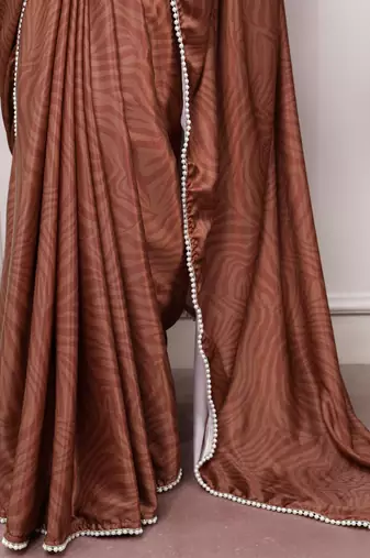 brown festive & party wear digital printed satin saree with pearl border