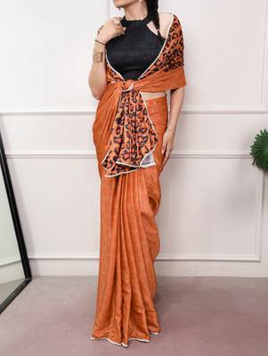 orange festive & party wear digital printed satin saree with pearl border 1