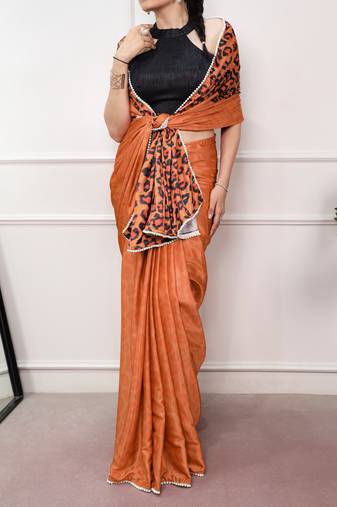 orange festive & party wear digital printed satin saree with pearl border