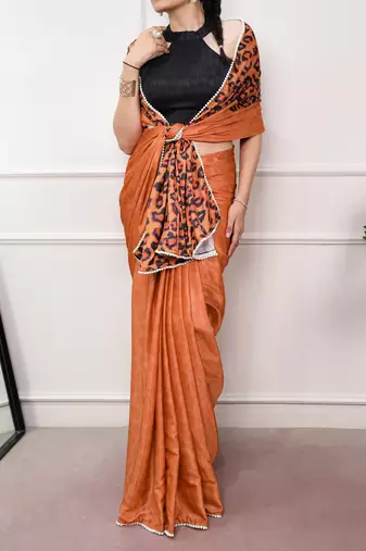 orange festive & party wear digital printed satin saree with pearl border