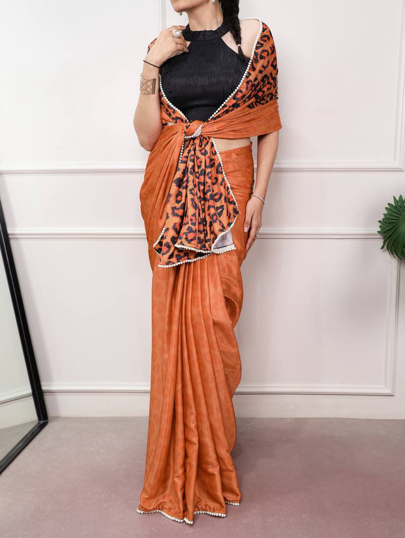 orange festive & party wear digital printed satin saree with pearl border