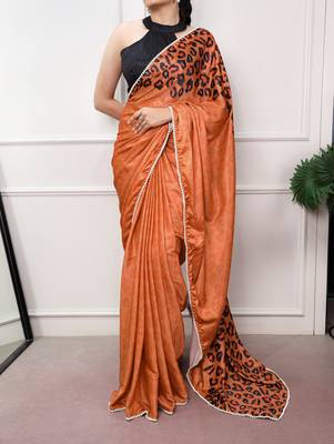 orange festive & party wear digital printed satin saree with pearl border 4