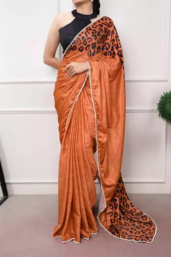orange festive & party wear digital printed satin saree with pearl border