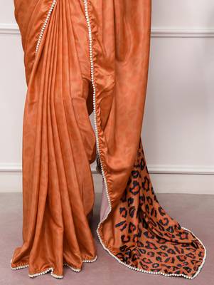 orange festive & party wear digital printed satin saree with pearl border 5