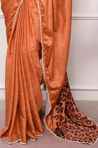 orange festive & party wear digital printed satin saree with pearl border