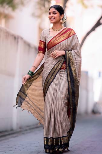 beige traditional silk blend checks saree with contrast zari weaving border & unstitched blouse piece
