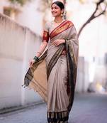 beige traditional silk blend checks saree with contrast zari weaving border & unstitched blouse piece