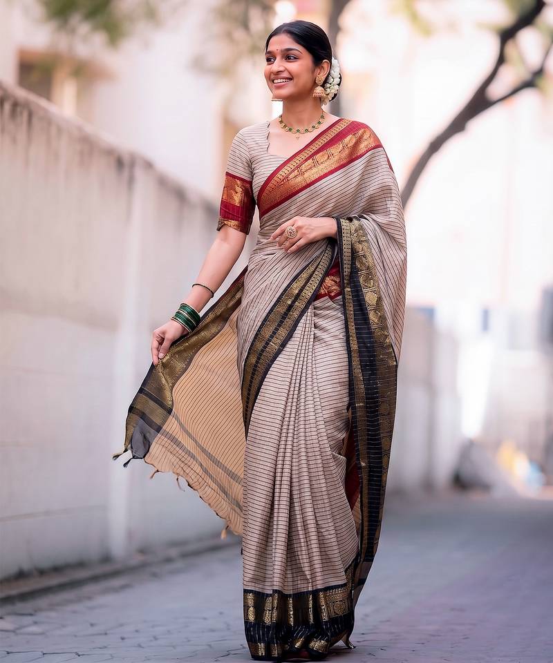 beige traditional silk blend checks saree with contrast zari weaving border & unstitched blouse piece