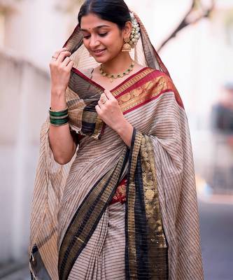 beige traditional silk blend checks saree with contrast zari weaving border & unstitched blouse piece 2