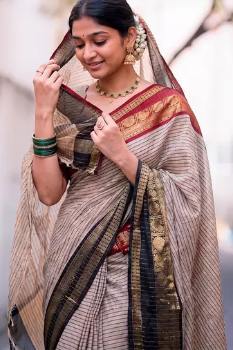beige traditional silk blend checks saree with contrast zari weaving border & unstitched blouse piece