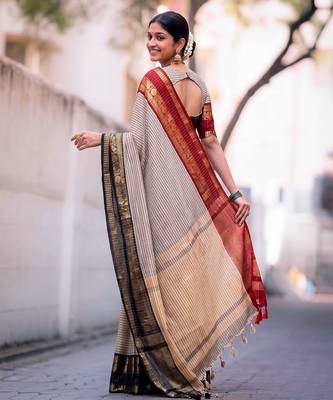 beige traditional silk blend checks saree with contrast zari weaving border & unstitched blouse piece 3