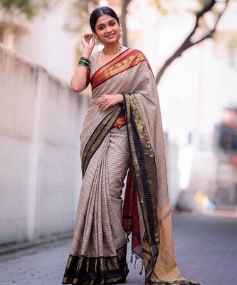 beige traditional silk blend checks saree with contrast zari weaving border & unstitched blouse piece 4
