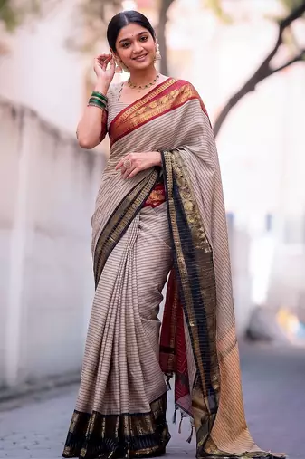 beige traditional silk blend checks saree with contrast zari weaving border & unstitched blouse piece