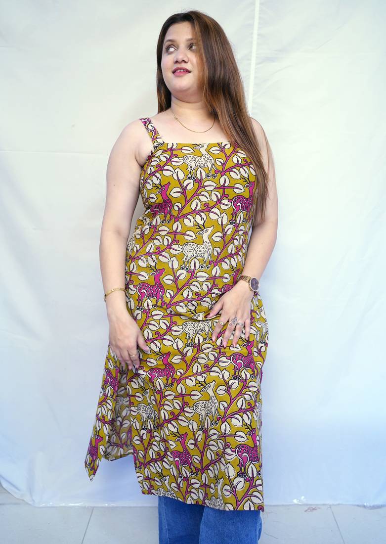 Cotton Green Kalamkari Handblock Printed Long Kurti for Women