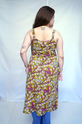 Cotton Green Kalamkari Handblock Printed Long Kurti for Women