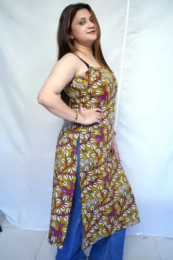 Cotton Green Kalamkari Handblock Printed Long Kurti for Women