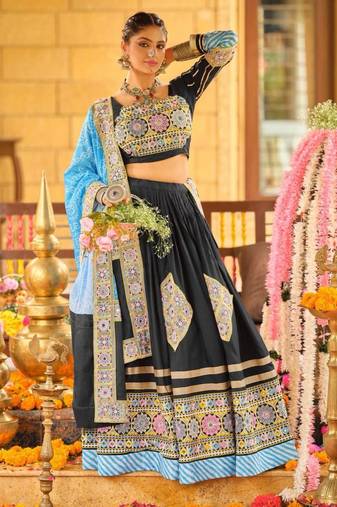 Navratri Black Mirror Work Lehenga Choli in Rayon