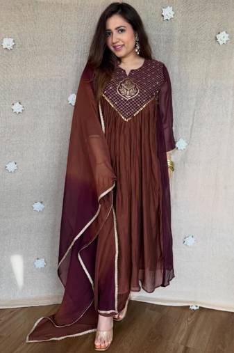 Brown chanderi embroidered kurta set