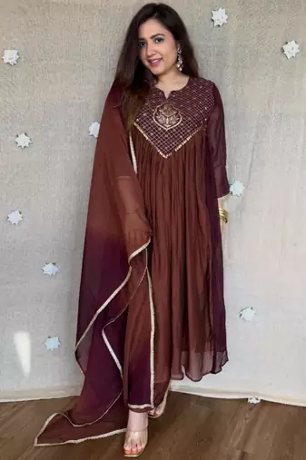 Brown chanderi embroidered kurta set