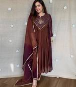 Brown chanderi embroidered kurta set