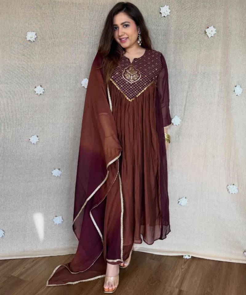 Brown chanderi embroidered kurta set