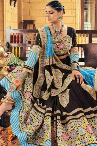 Navratri Black Mirror Work Lehenga Choli in Rayon