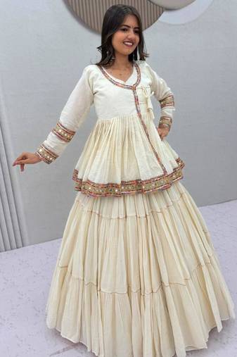 Navratri Cream Lehenga Choli in Cotton Poly
