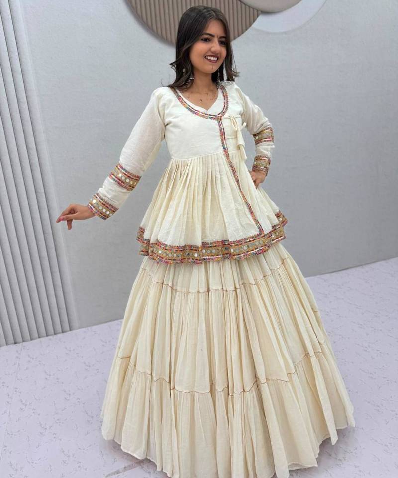 Navratri Cream Lehenga Choli in Cotton Poly
