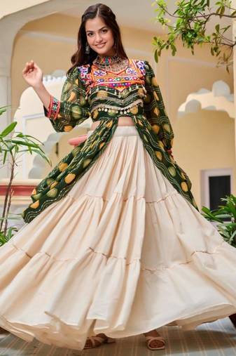 Navratri Cream Printed Lehenga Choli in Cotton Poly