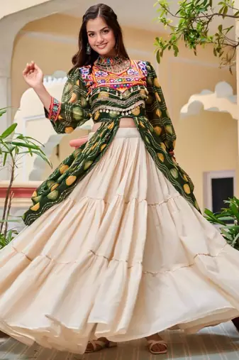 Navratri Cream Printed Lehenga Choli in Cotton Poly