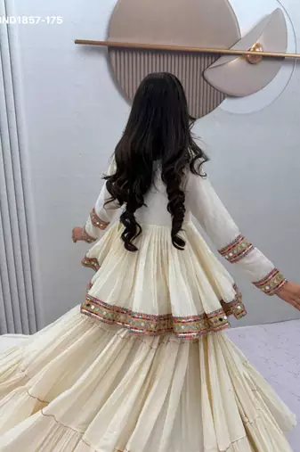 Navratri Cream Lehenga Choli in Cotton Poly