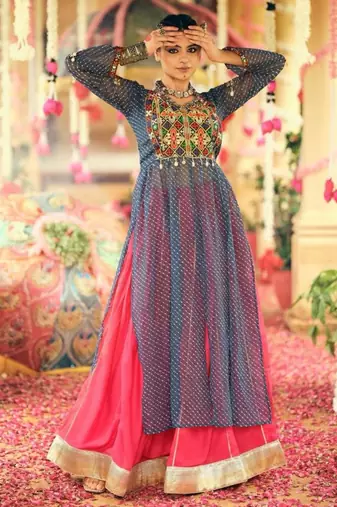 Navratri Pink Mirror Work Lehenga Choli in Rayon