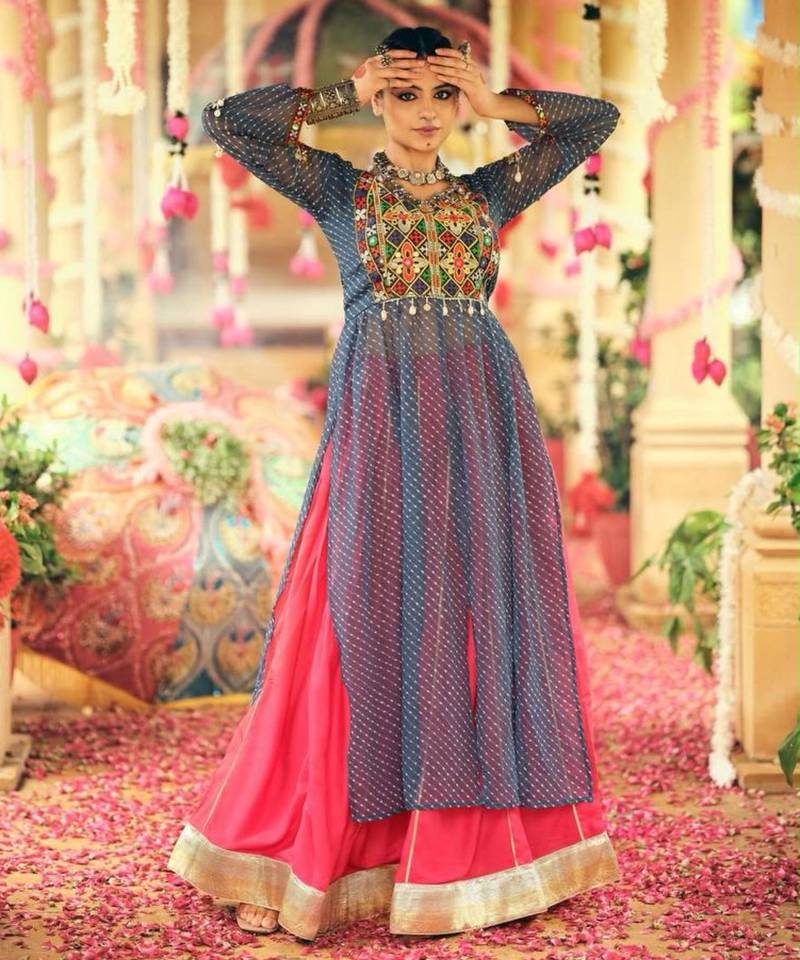 Navratri Pink Mirror Work Lehenga Choli in Rayon
