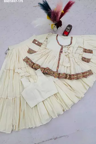 Navratri Cream Lehenga Choli in Cotton Poly