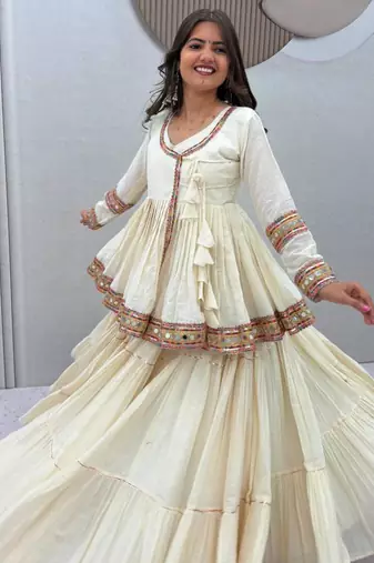 Navratri Cream Lehenga Choli in Cotton Poly