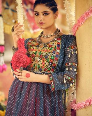 Navratri Pink Mirror Work Lehenga Choli in Rayon 2