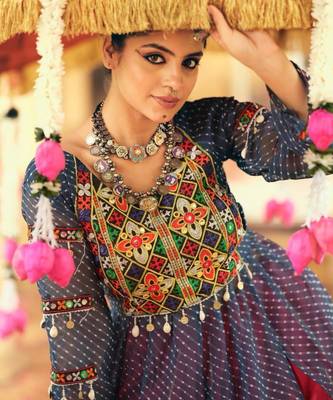 Navratri Pink Mirror Work Lehenga Choli in Rayon 3