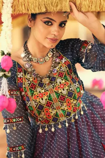 Navratri Pink Mirror Work Lehenga Choli in Rayon