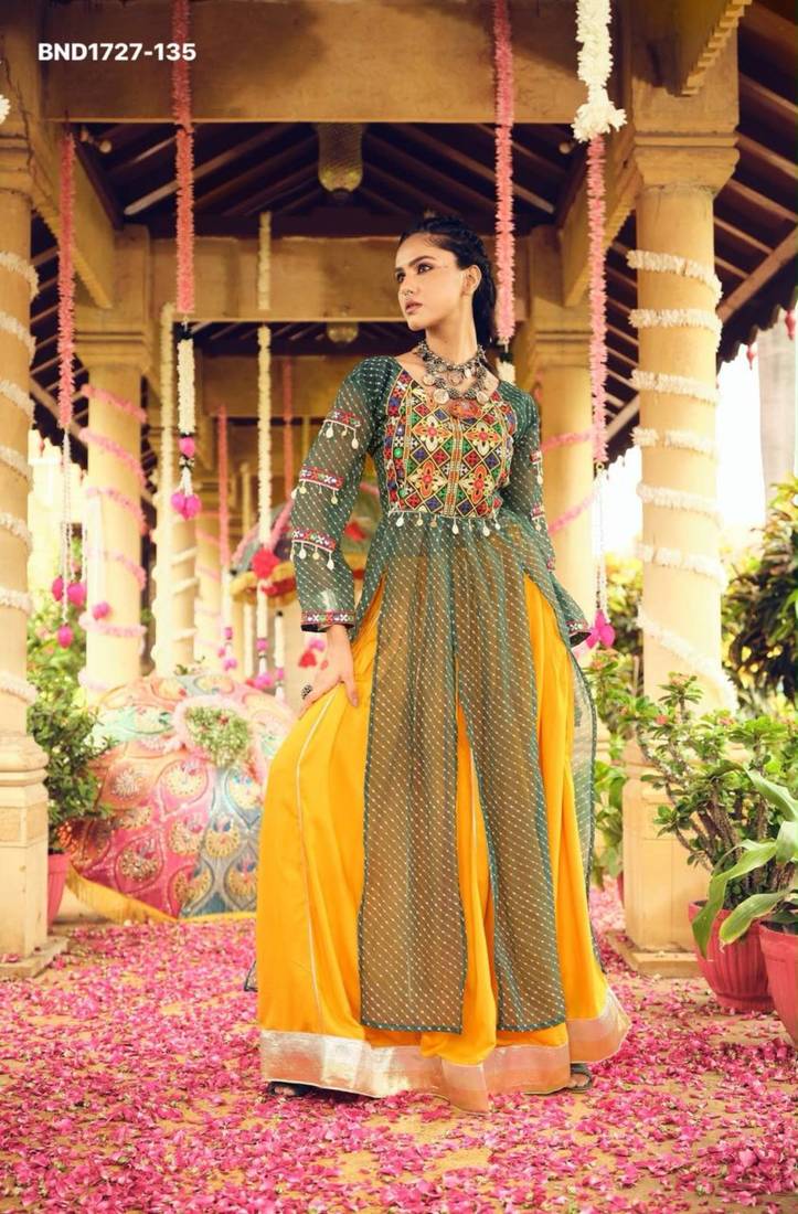 Navratri Yellow Mirror Work Lehenga Choli in Rayon