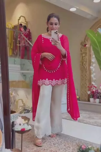 Hot-pink faux georgette embroidered palazzo set